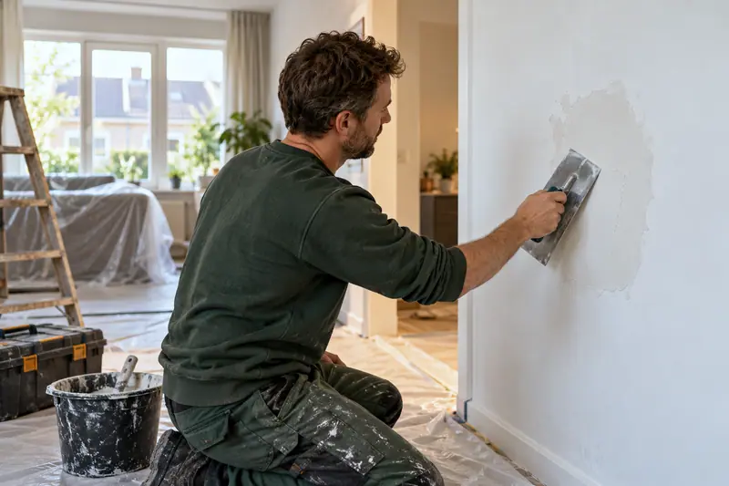 Vakman in donkergroene werkkleding strijkt een herstelde plek in een wand glad