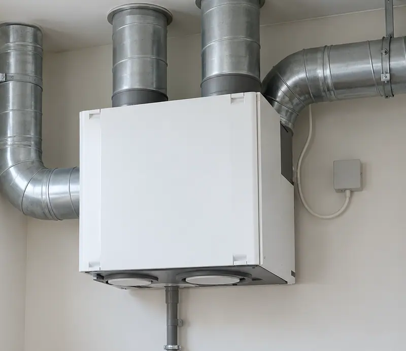 Ventilatiebox aan de wand met de aangesloten luchtkanalen van dichtbij