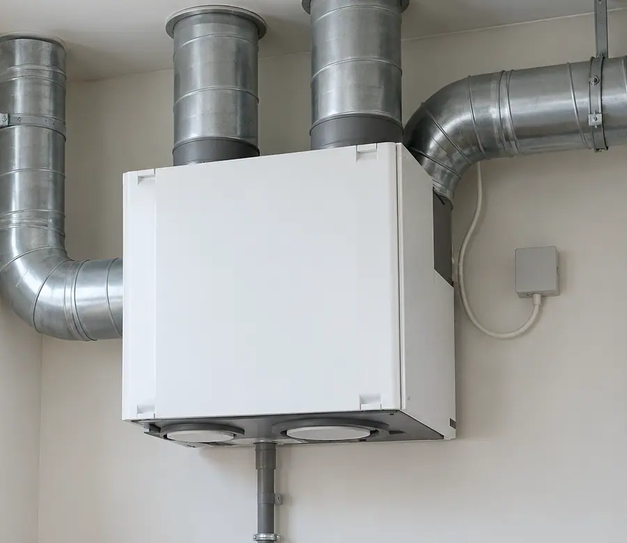 Ventilatiebox aan de wand met de aangesloten luchtkanalen van dichtbij